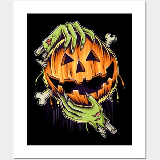 halloween pumpkin in zombie hands Posters and Art